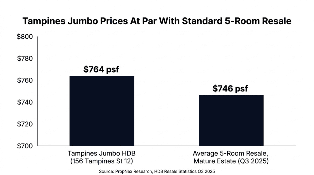 Chart comparing Tampines jumbo HDB PSF prices against standard five-room resale flats in mature estates Q3 2025