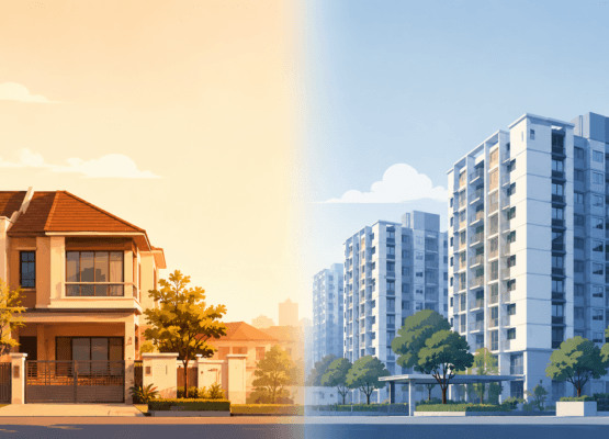 Split illustration of a Singapore landed terrace house beside an HDB or condo block, representing two different segments of the property market
