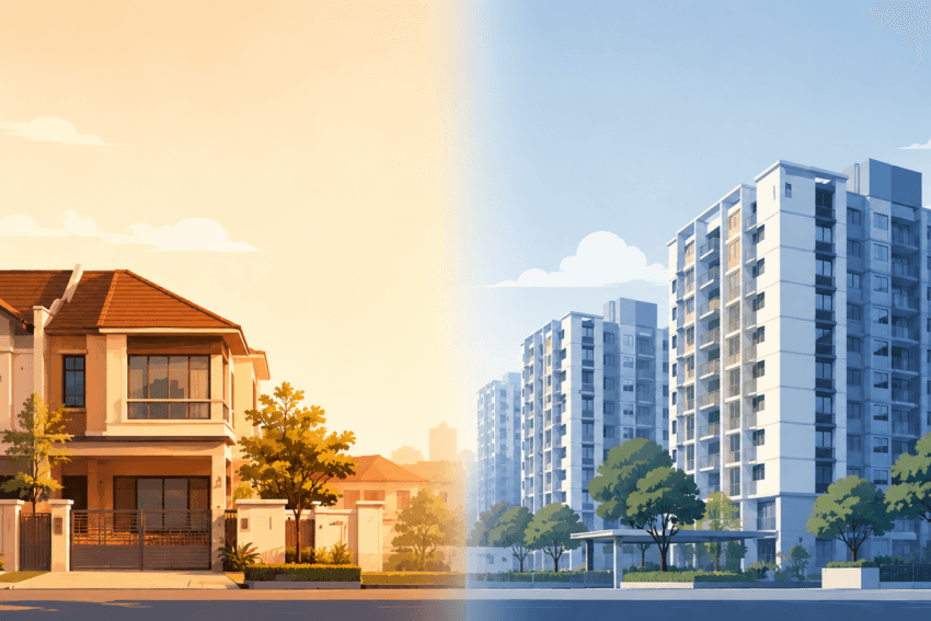 Split illustration of a Singapore landed terrace house beside an HDB or condo block, representing two different segments of the property market