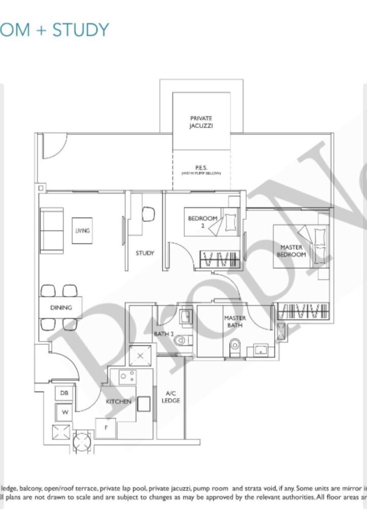 Floor plan of 2 bed plus study at luxurie beside sengkang mrt