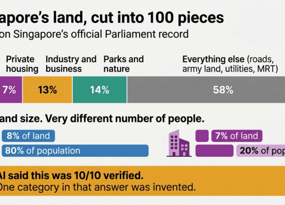 Infographic showing how Singapore's land is used: 8% public housing, 7% private housing, 13% industry, 14% parks and nature, 58% everything else. Public housing houses 80% of the population on just 8% of the land, while private housing houses 20% on 7%.