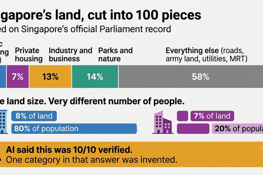 Infographic showing how Singapore's land is used: 8% public housing, 7% private housing, 13% industry, 14% parks and nature, 58% everything else. Public housing houses 80% of the population on just 8% of the land, while private housing houses 20% on 7%.