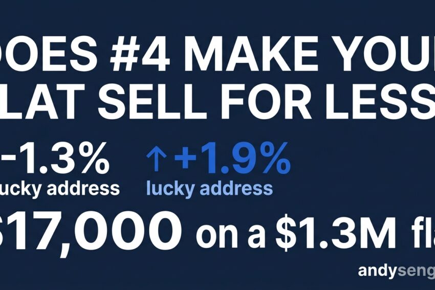 Stat graphic showing HDB flats with unlucky addresses like number 4 sell for 1.3% less, lucky addresses sell for 1.9% more, a $17,000 difference on a $1.3M flat