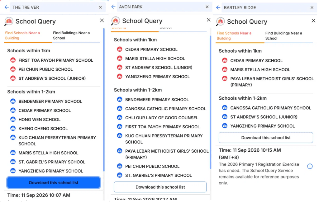 OneMap SchoolQuery result showing Avon Park Tre Ver Bartley ridge within 1km of Maris Stella High and St Andrew's Junior, checked 11 September 2026